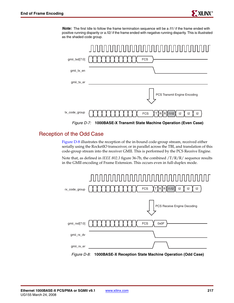 Reception of the odd case, Figure d-7, Figure d-8 | Xilinx 1000BASE-X User Manual | Page 217 / 230