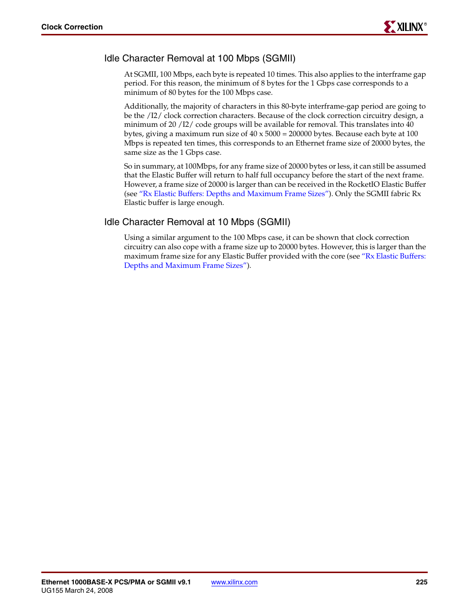 Idle character removal at 100 mbps (sgmii), Idle character removal at 10 mbps (sgmii) | Xilinx 1000BASE-X User Manual | Page 225 / 230