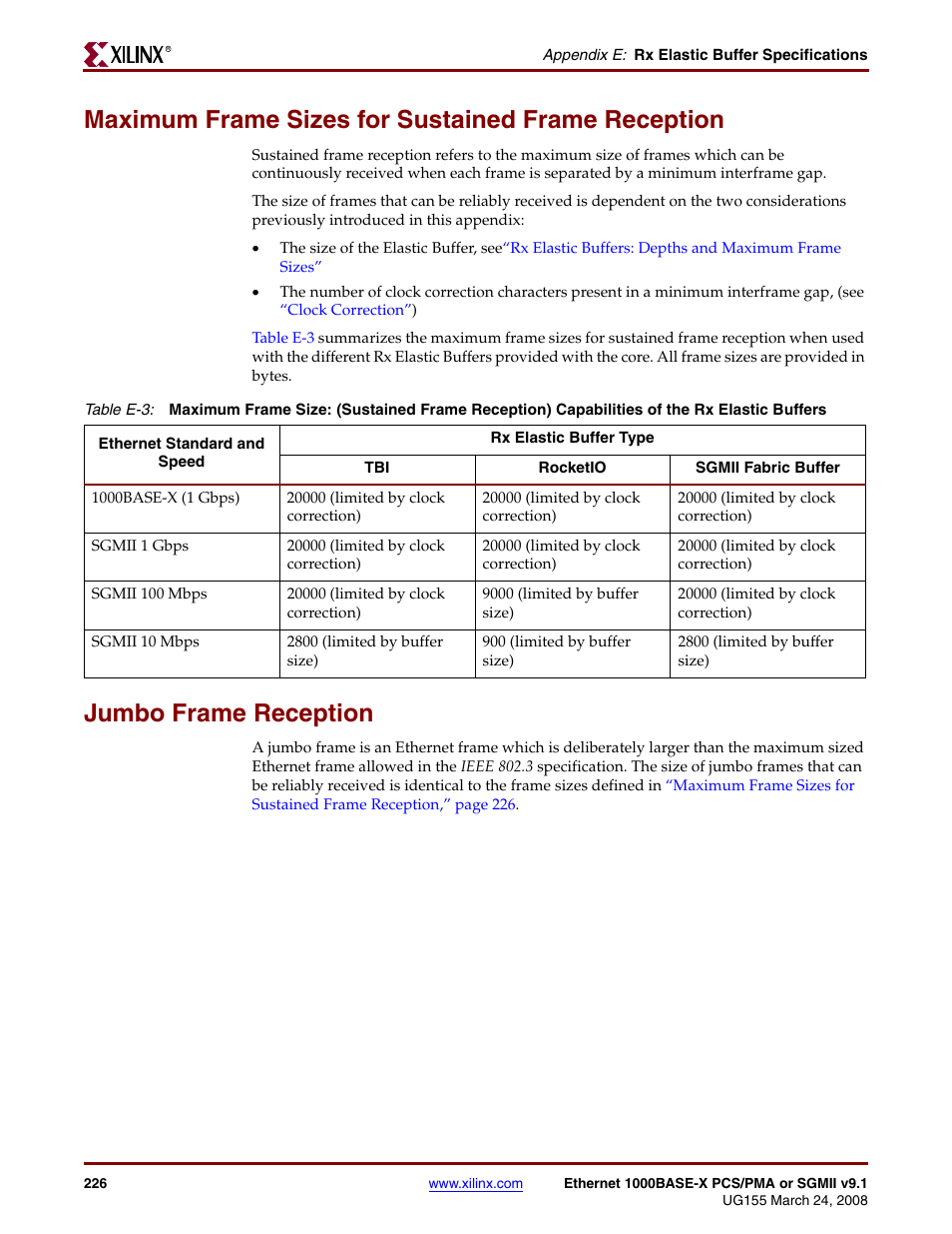 Maximum frame sizes for sustained frame reception, Jumbo frame reception, Table e-3 | Xilinx 1000BASE-X User Manual | Page 226 / 230