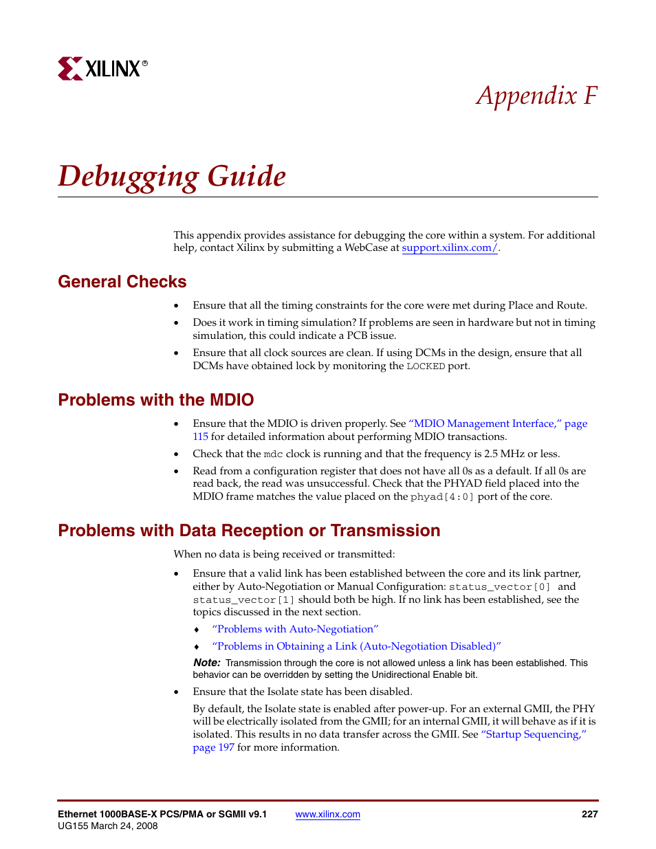 Debugging guide, General checks, Problems with the mdio | Problems with data reception or transmission, Appendix f: debugging guide, Appendix f, “debugging guide, Appendix f | Xilinx 1000BASE-X User Manual | Page 227 / 230
