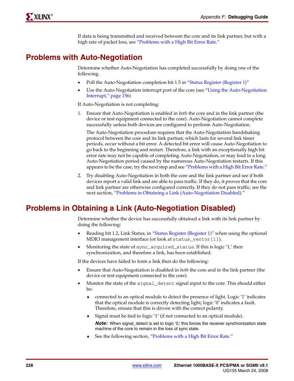 Problems with auto-negotiation | Xilinx 1000BASE-X User Manual | Page 228 / 230