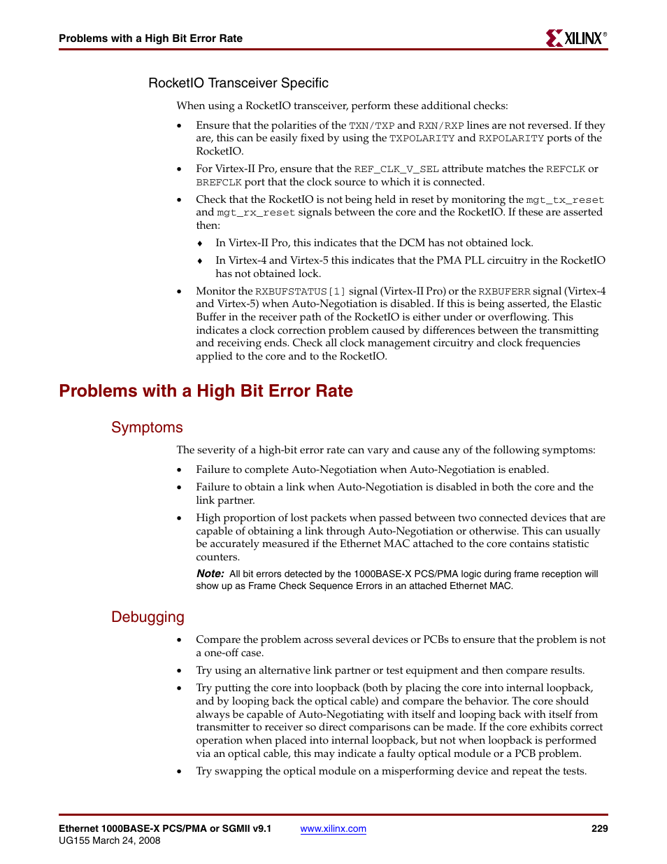 Problems with a high bit error rate, Symptoms, Debugging | Symptoms debugging, Rocketio transceiver specific | Xilinx 1000BASE-X User Manual | Page 229 / 230