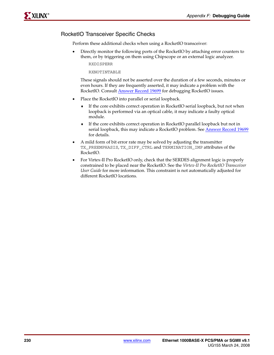 Rocketio transceiver specific checks | Xilinx 1000BASE-X User Manual | Page 230 / 230