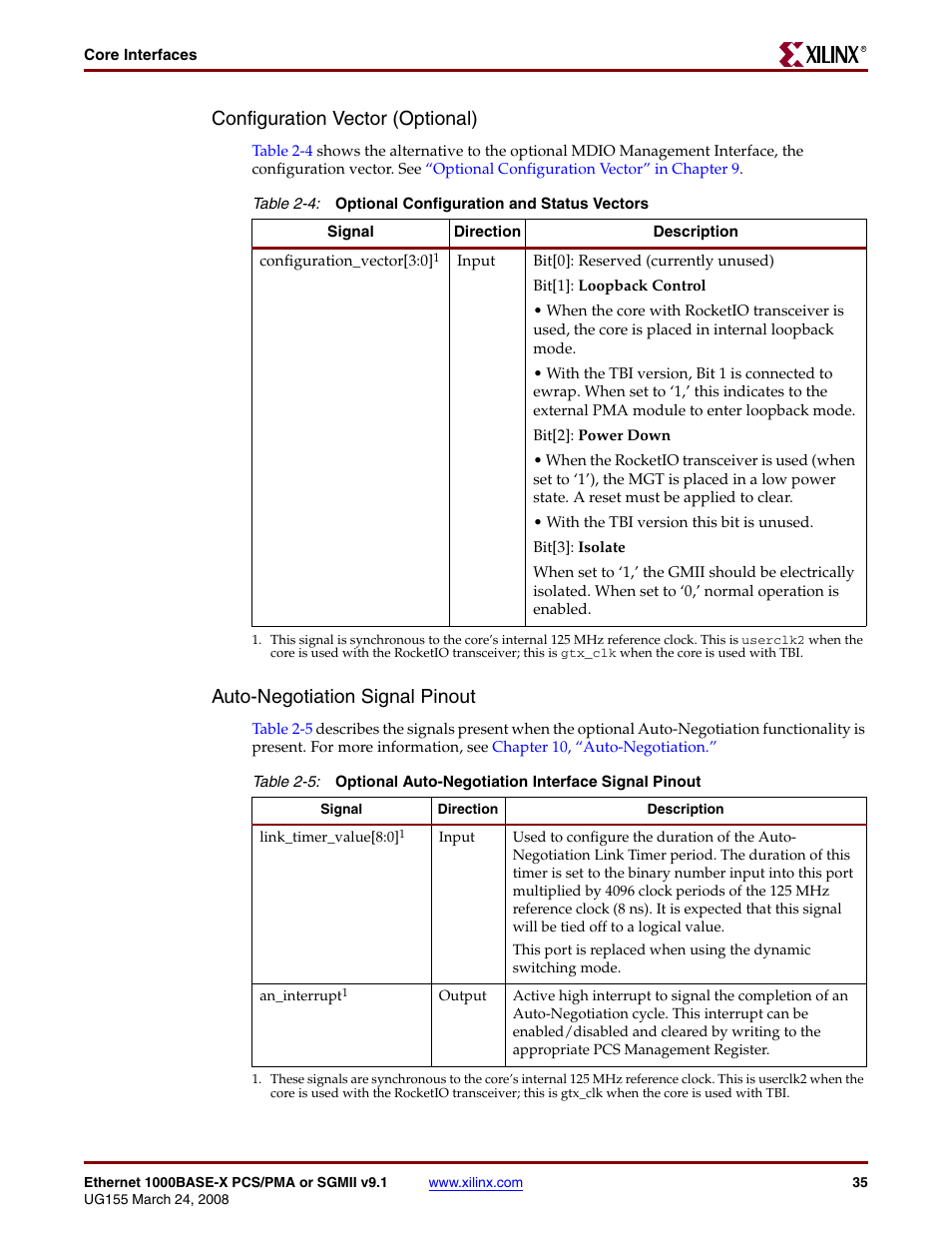 Table 2-4, Table 2-5, Configuration vector (optional) | Auto-negotiation signal pinout | Xilinx 1000BASE-X User Manual | Page 35 / 230
