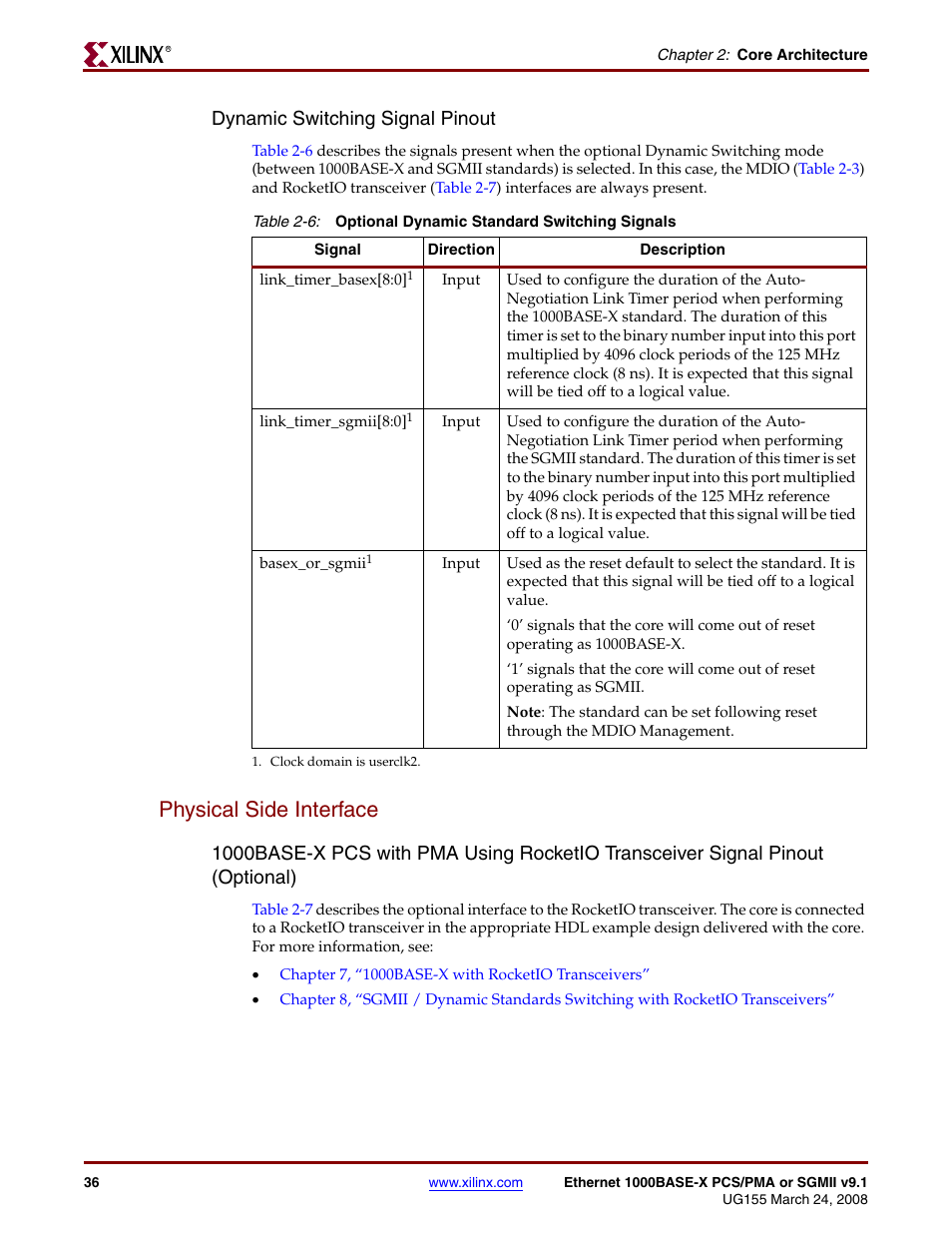 Physical side interface, Table 2-6, Dynamic switching signal pinout | Xilinx 1000BASE-X User Manual | Page 36 / 230