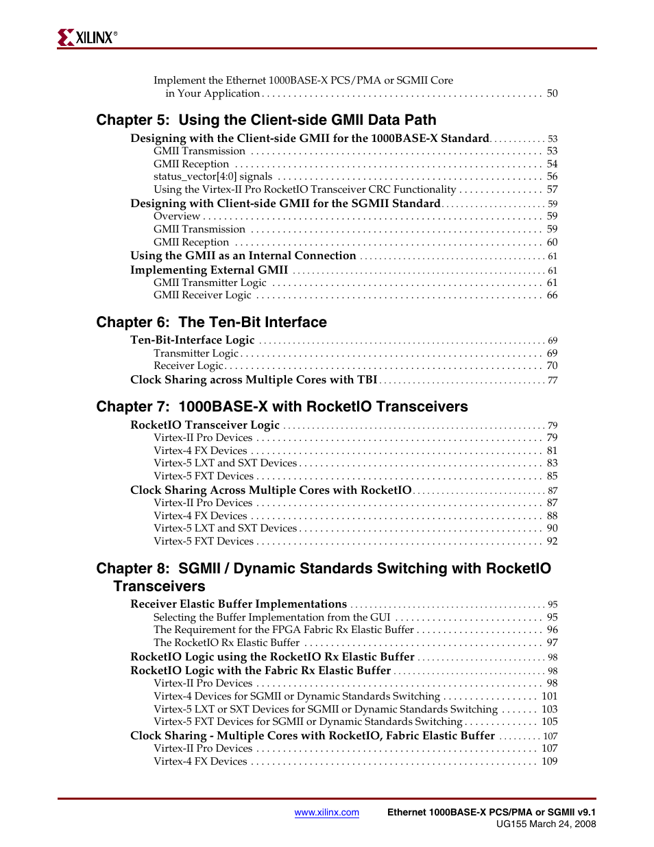 Chapter 5: using the client-side gmii data path, Chapter 6: the ten-bit interface | Xilinx 1000BASE-X User Manual | Page 4 / 230