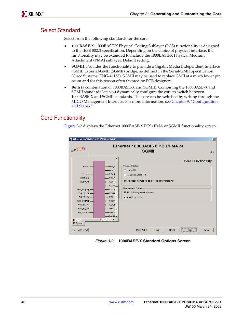 Select standard, Core functionality, Select standard core functionality | Figure 3-2 | Xilinx 1000BASE-X User Manual | Page 40 / 230