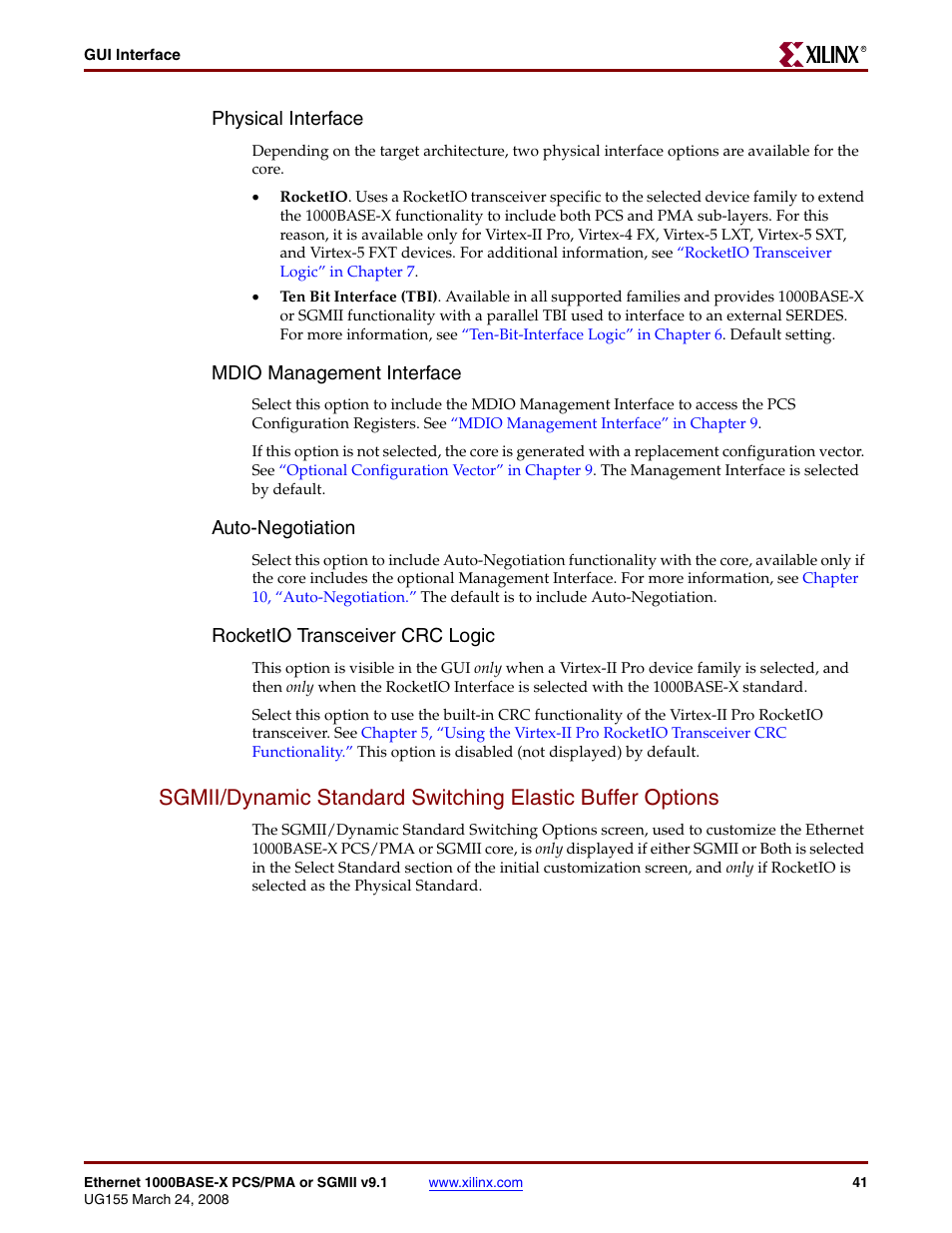 Physical interface, Mdio management interface, Auto-negotiation | Rocketio transceiver crc logic | Xilinx 1000BASE-X User Manual | Page 41 / 230