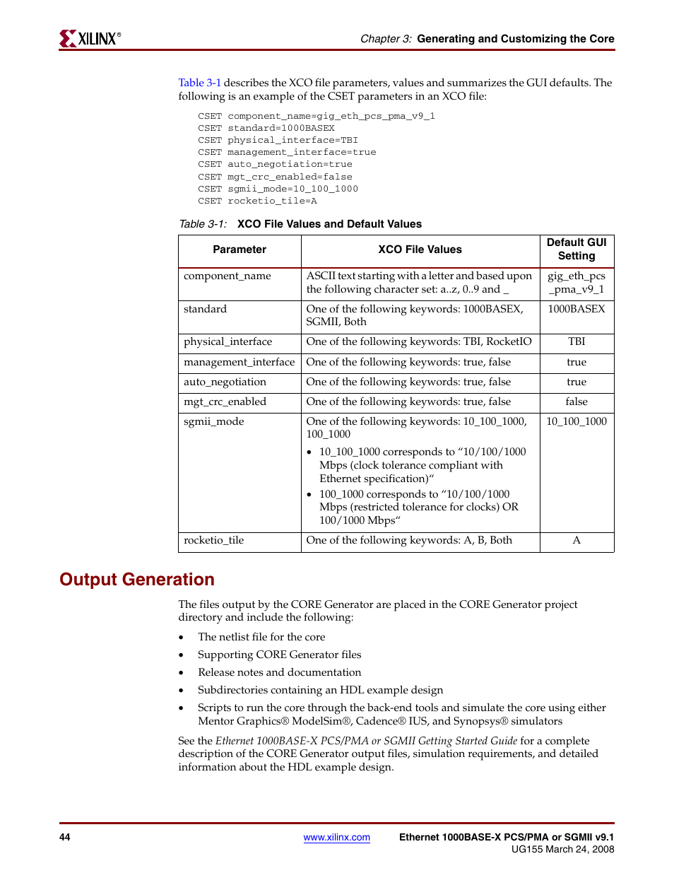 Output generation, Table 3-1 | Xilinx 1000BASE-X User Manual | Page 44 / 230