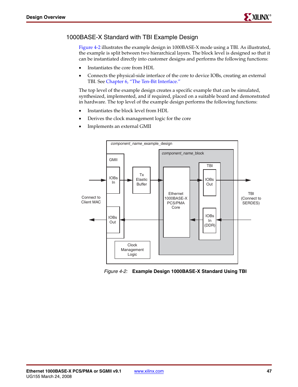 Figure 4-2, 1000base-x standard with tbi example design | Xilinx 1000BASE-X User Manual | Page 47 / 230