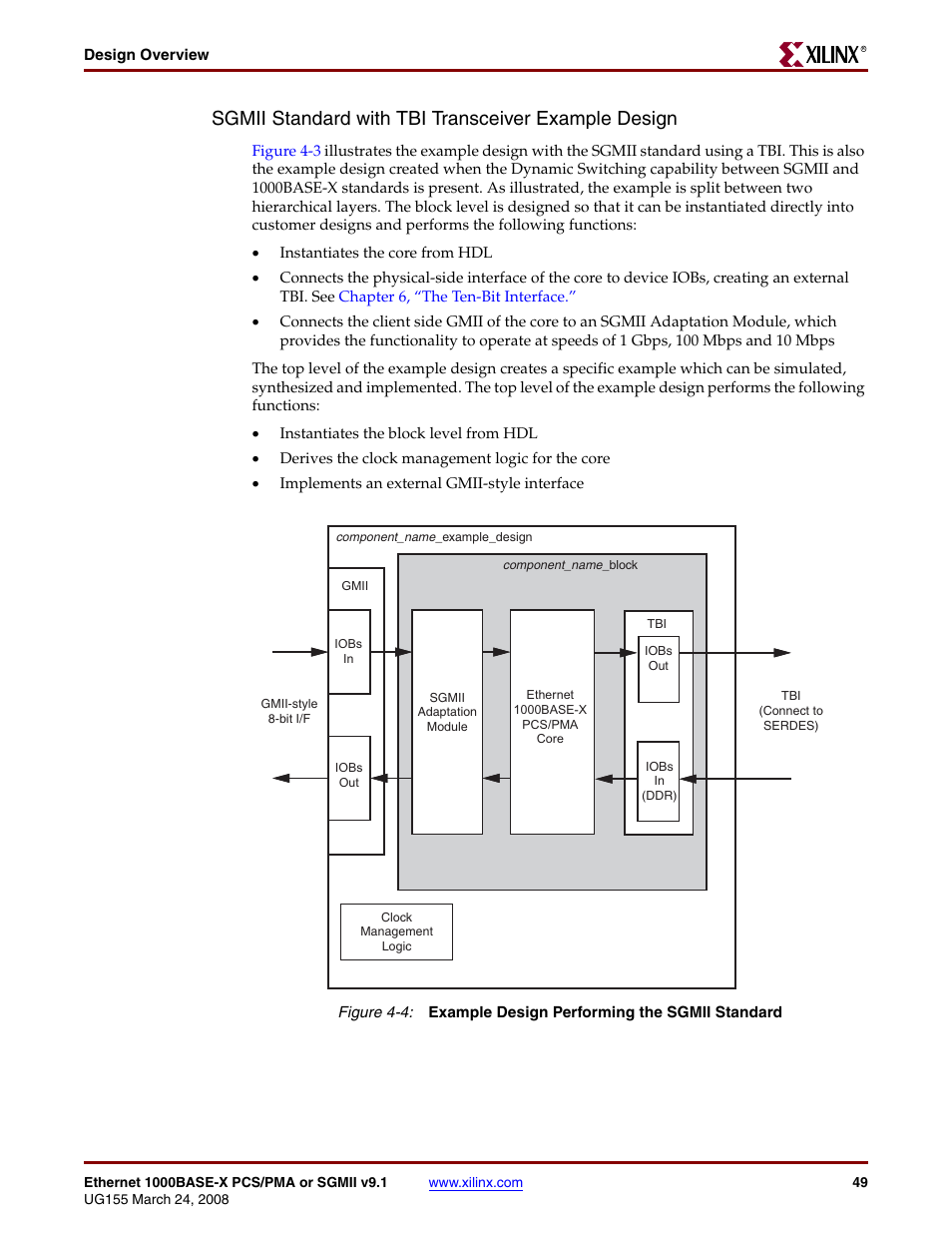Figure 4-4, Sgmii standard with tbi transceiver example design | Xilinx 1000BASE-X User Manual | Page 49 / 230