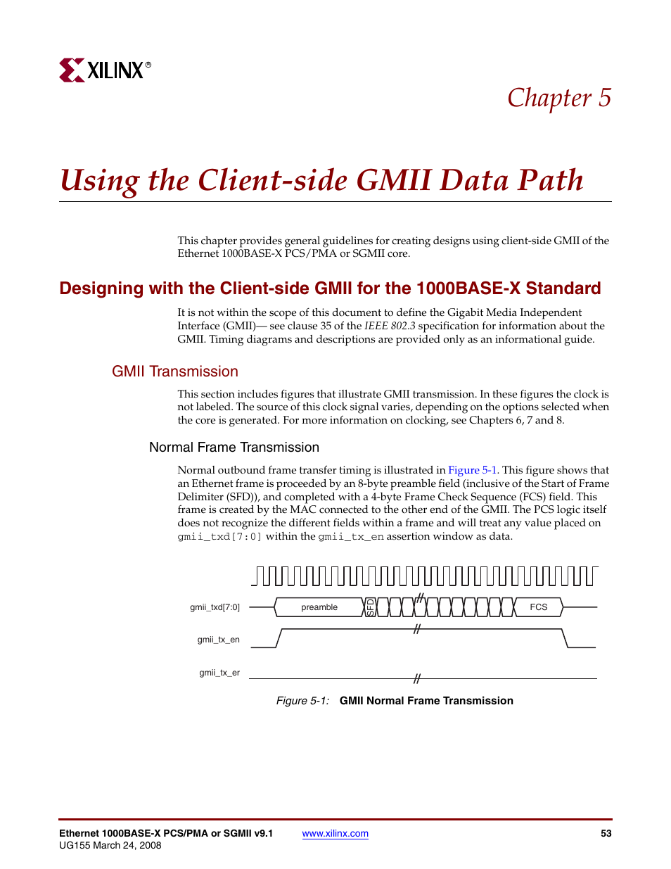 Using the client-side gmii data path, Gmii transmission, Chapter 5: using the client-side gmii data path | Figure 5-1, Chapter 5, “using the client-side gmii data path, Standard” in chapter 5, Chapter 5 | Xilinx 1000BASE-X User Manual | Page 53 / 230
