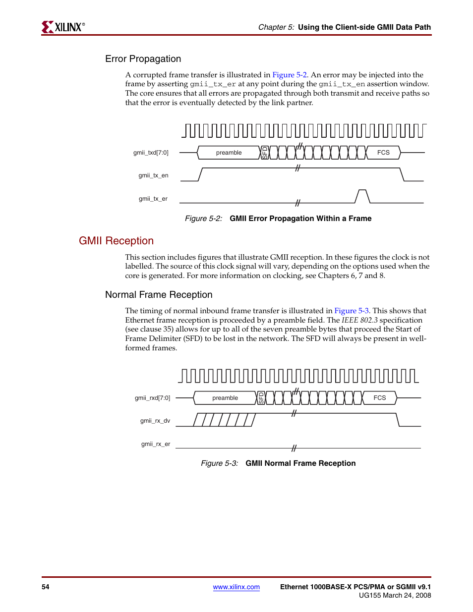 Gmii reception, Figure 5-2, Figure 5-3 | Error propagation, Normal frame reception | Xilinx 1000BASE-X User Manual | Page 54 / 230