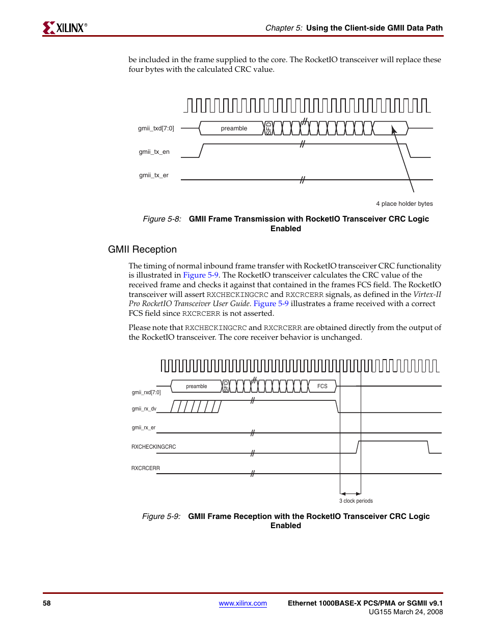 Figure 5-8, Figure 5-9, Gmii reception | Xilinx 1000BASE-X User Manual | Page 58 / 230