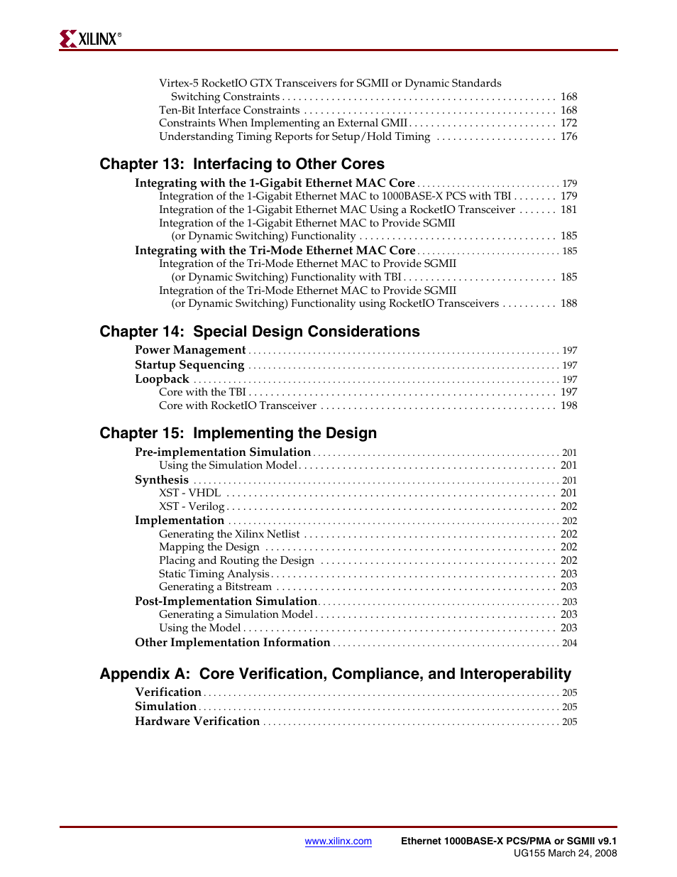 Chapter 13: interfacing to other cores, Chapter 14: special design considerations, Chapter 15: implementing the design | Xilinx 1000BASE-X User Manual | Page 6 / 230