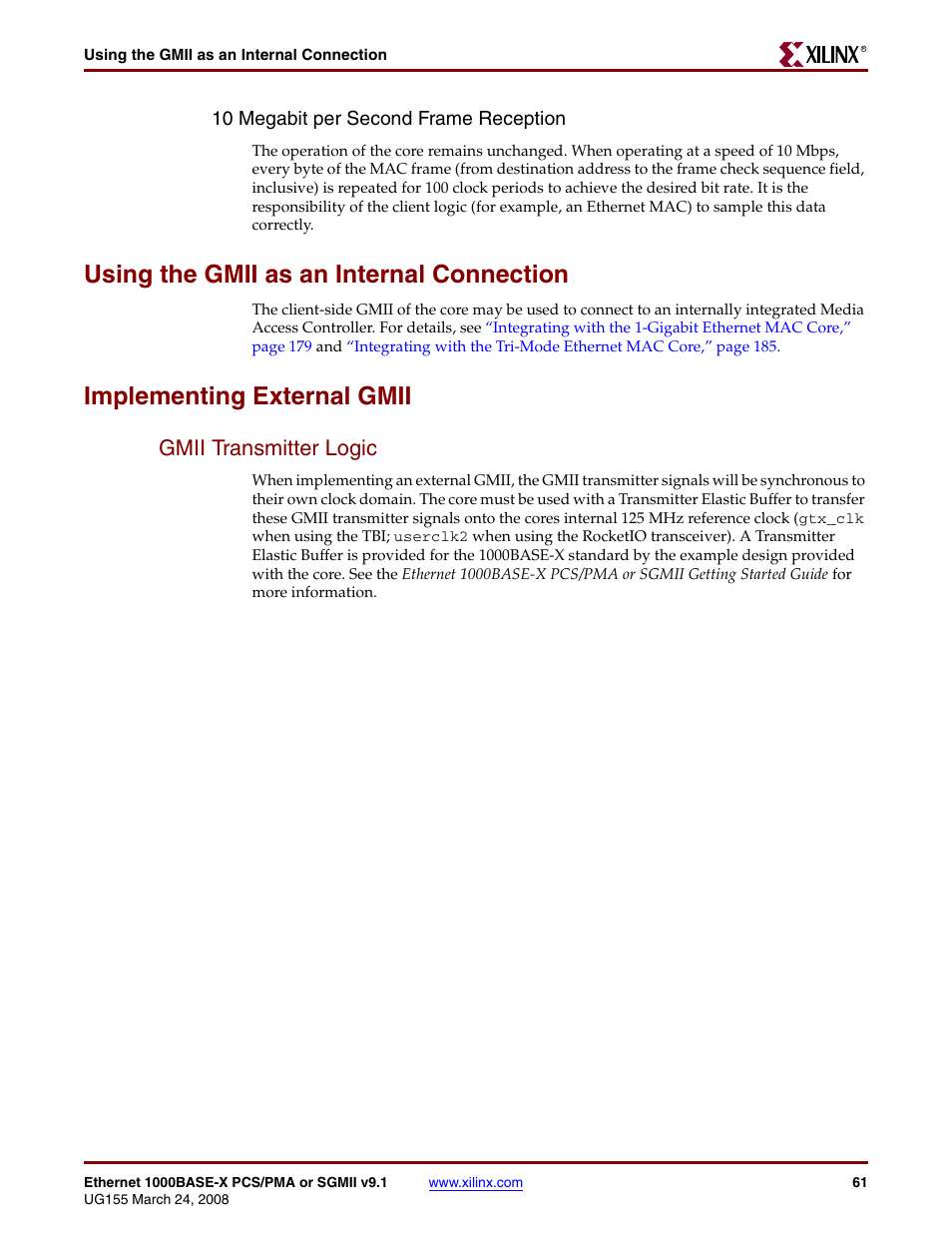 Using the gmii as an internal connection, Implementing external gmii, Gmii transmitter logic | Xilinx 1000BASE-X User Manual | Page 61 / 230