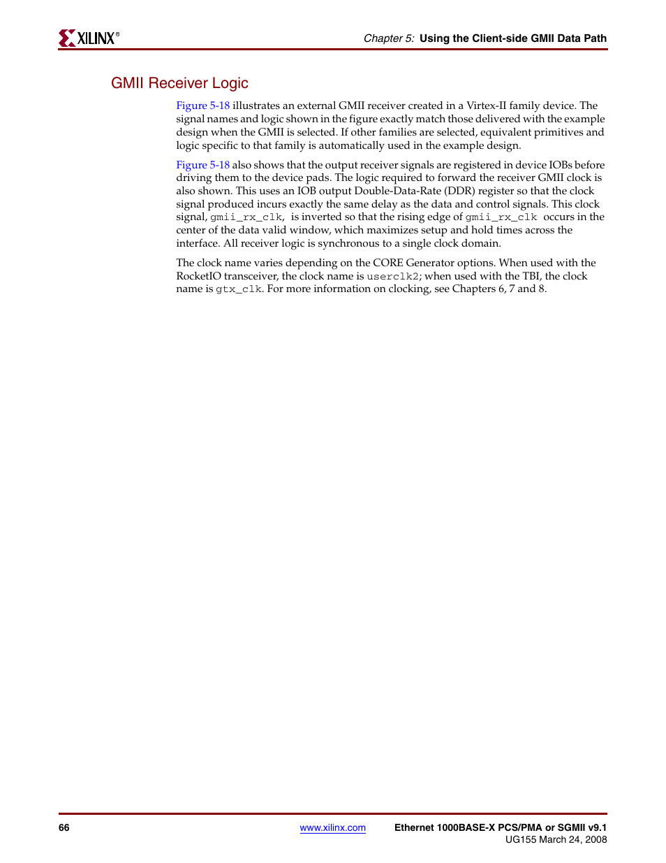 Gmii receiver logic | Xilinx 1000BASE-X User Manual | Page 66 / 230