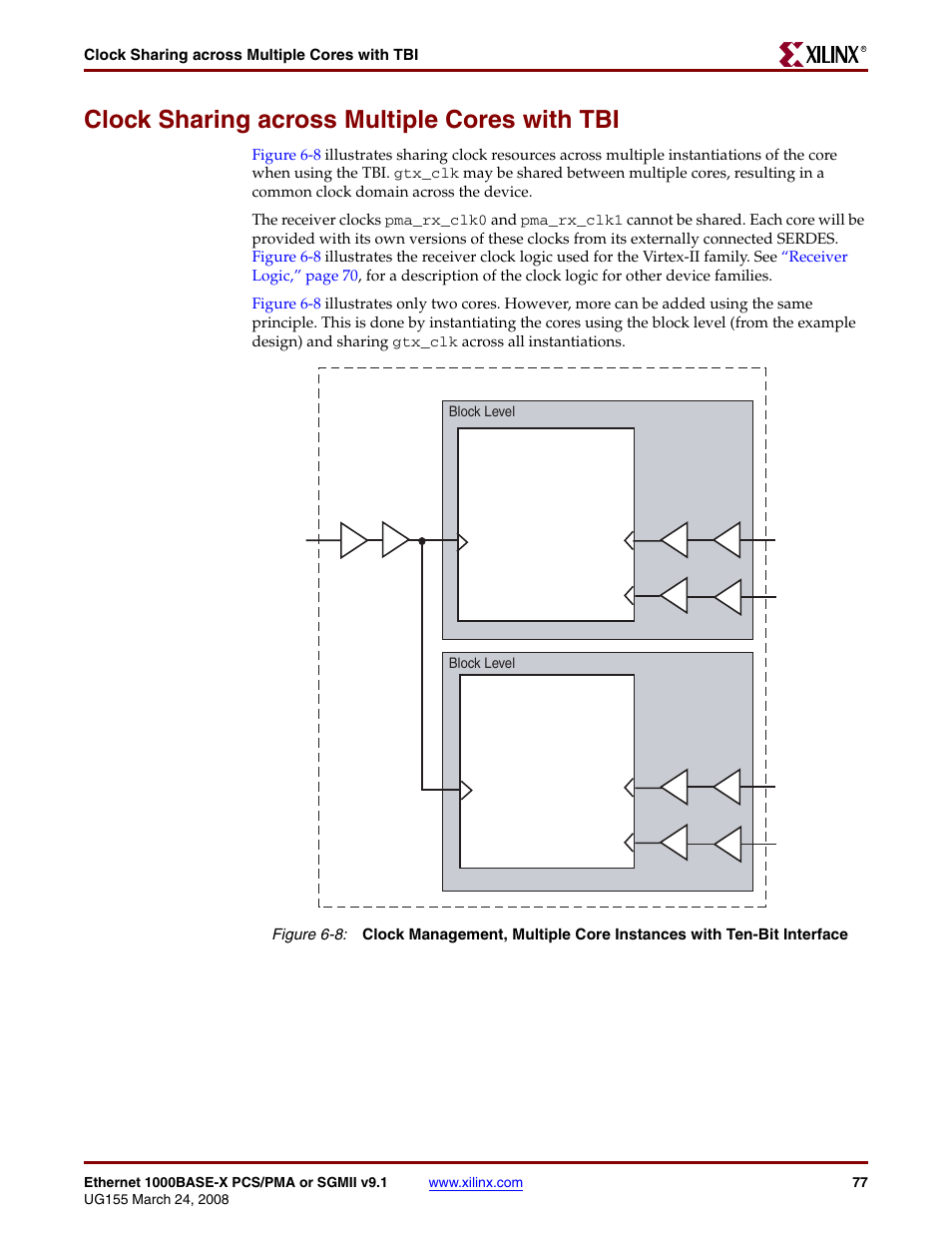 Clock sharing across multiple cores with tbi, Figure 6-8 | Xilinx 1000BASE-X User Manual | Page 77 / 230