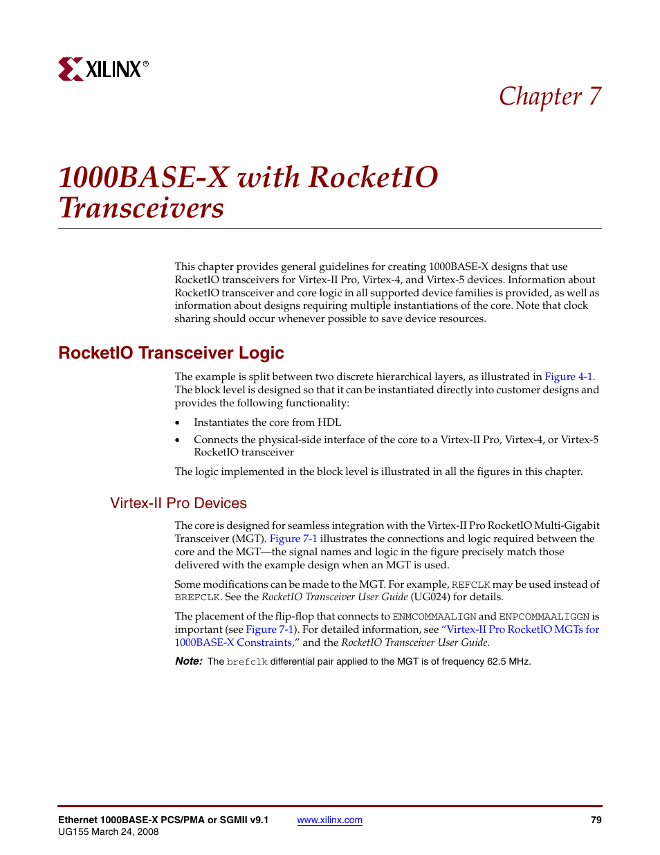1000base-x with rocketio transceivers, Rocketio transceiver logic, Virtex-ii pro devices | Chapter 7: 1000base-x with rocketio transceivers, Chapter 7, “1000base-x with rocketio transceivers, Rocketio transceiver, Logic” in chapter 7, Chapter 7 | Xilinx 1000BASE-X User Manual | Page 79 / 230
