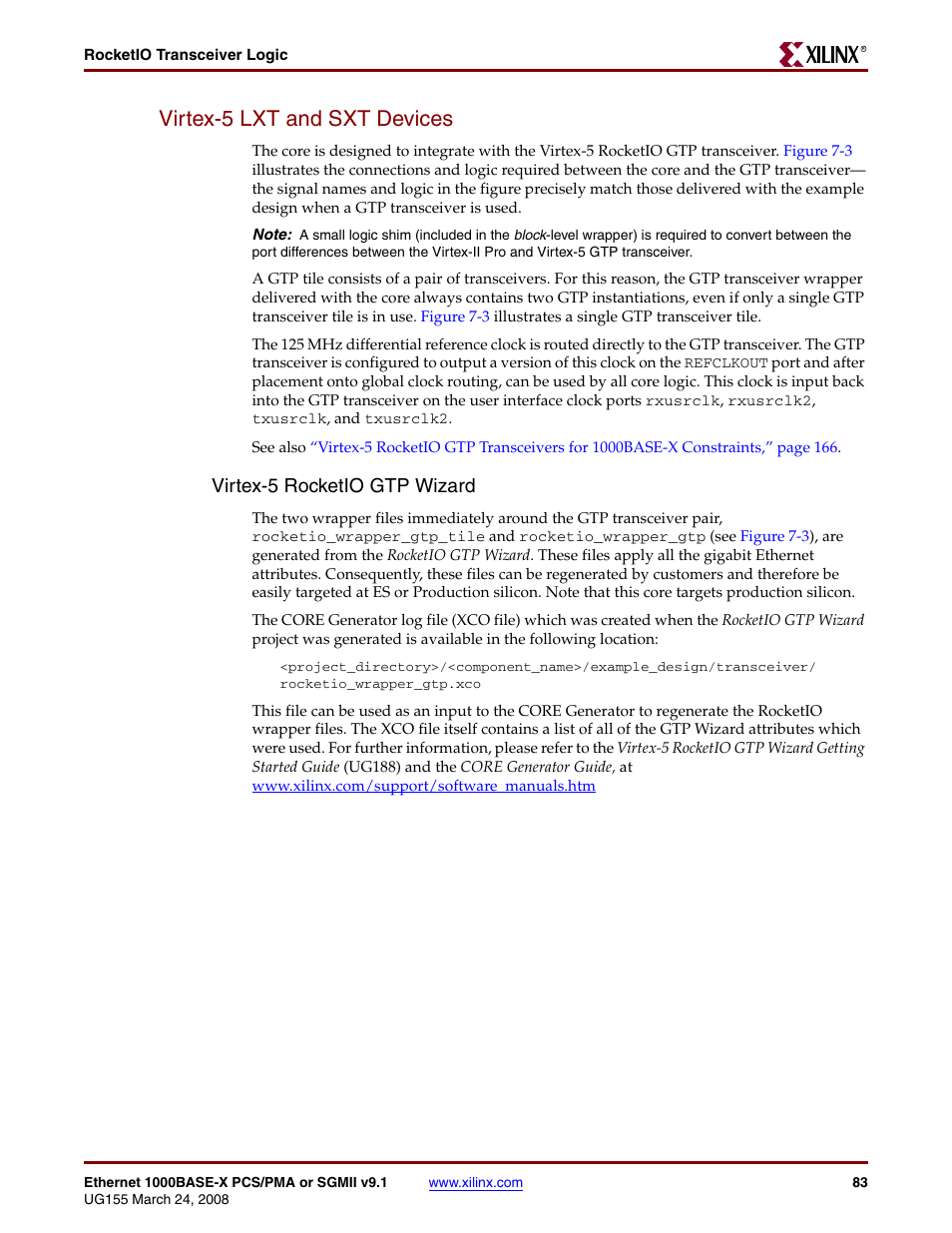 Virtex-5 lxt and sxt devices, Virtex-5 rocketio gtp wizard | Xilinx 1000BASE-X User Manual | Page 83 / 230