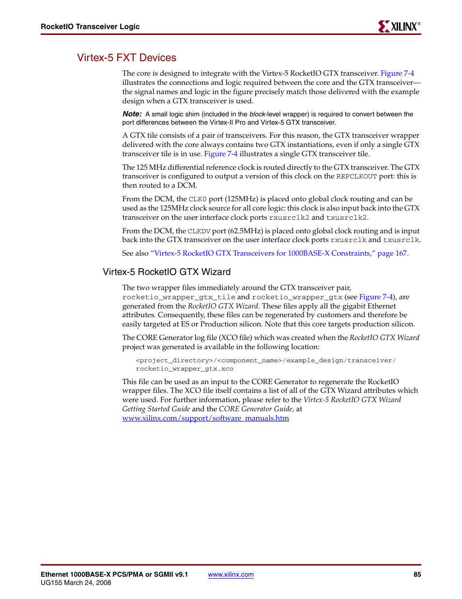 Virtex-5 fxt devices, Virtex-5 rocketio gtx wizard | Xilinx 1000BASE-X User Manual | Page 85 / 230