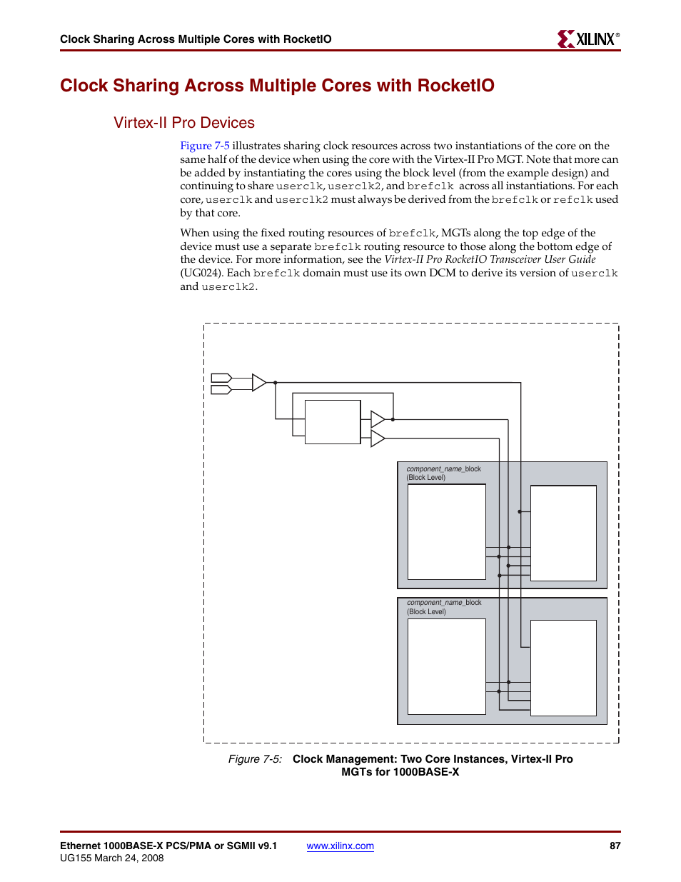 Clock sharing across multiple cores with rocketio, Virtex-ii pro devices, Figure 7-5 | Xilinx 1000BASE-X User Manual | Page 87 / 230