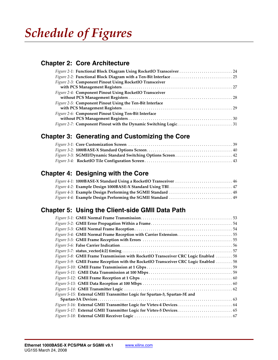 Schedule of figures, Chapter 2: core architecture, Chapter 3: generating and customizing the core | Chapter 4: designing with the core, Chapter 5: using the client-side gmii data path | Xilinx 1000BASE-X User Manual | Page 9 / 230
