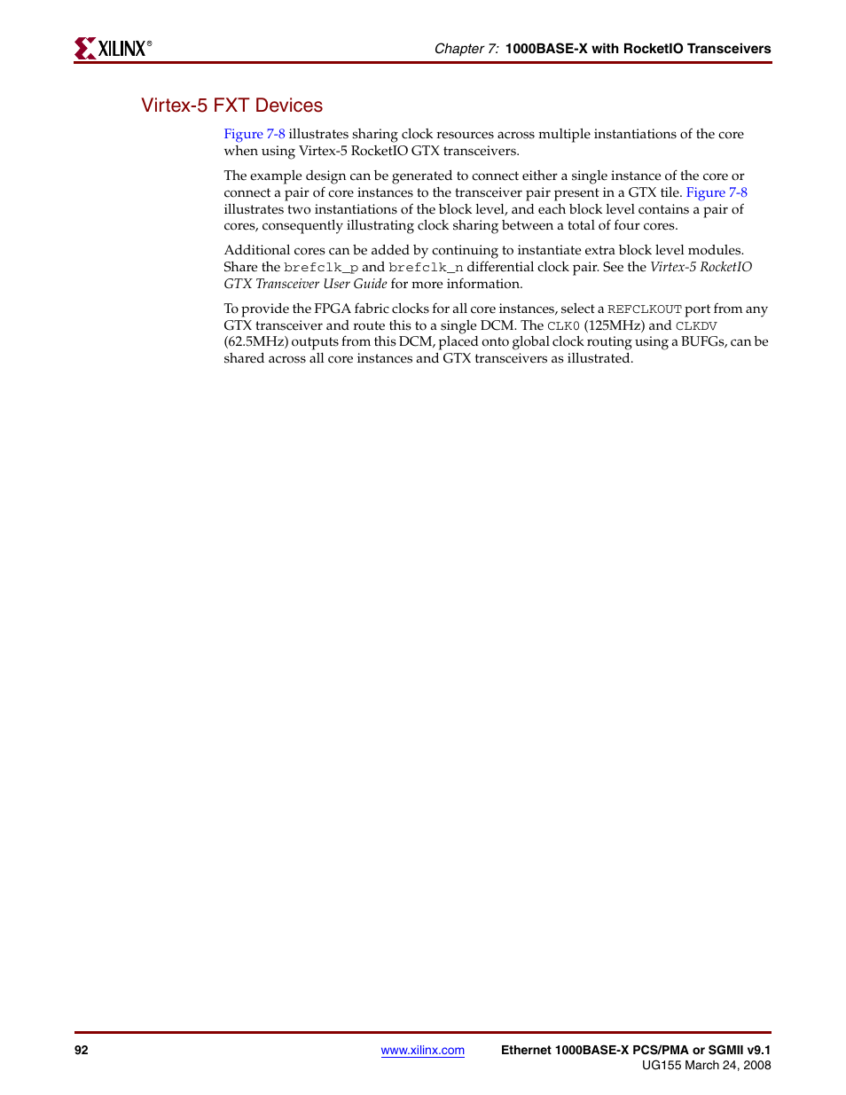 Virtex-5 fxt devices | Xilinx 1000BASE-X User Manual | Page 92 / 230