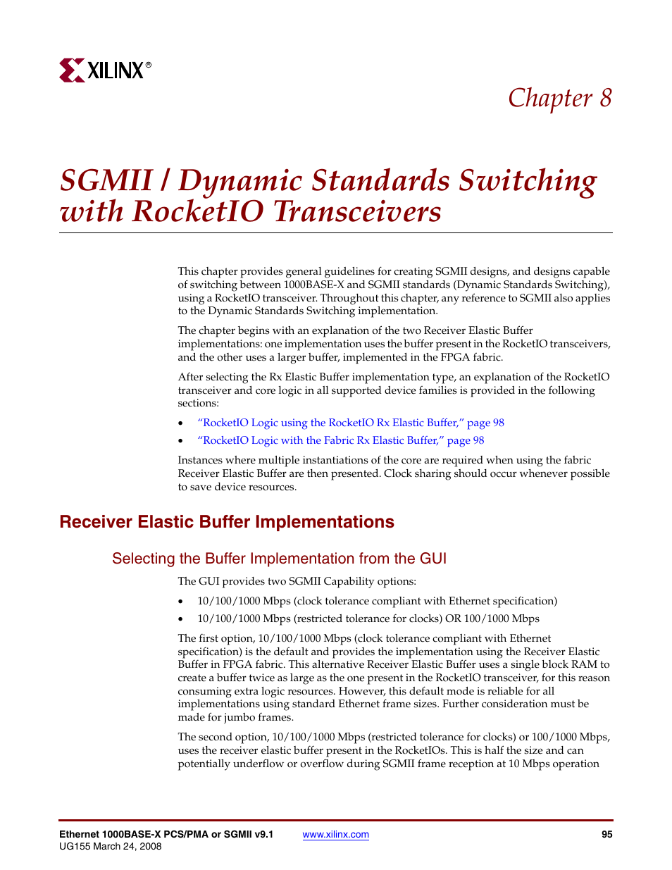 Receiver elastic buffer implementations, Selecting the buffer implementation from the gui, Transceivers | Chapter 8 | Xilinx 1000BASE-X User Manual | Page 95 / 230