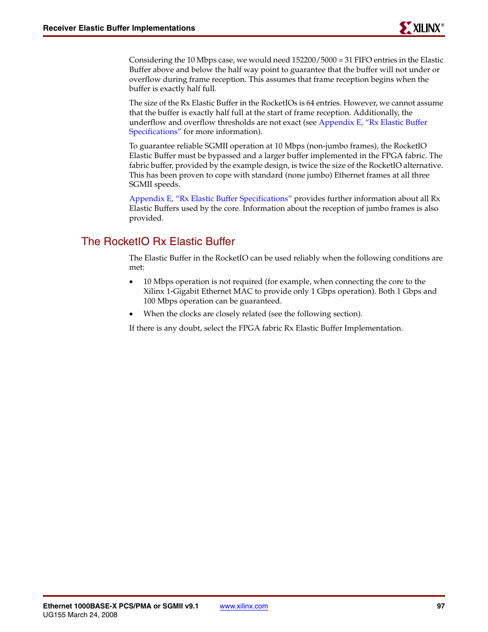 The rocketio rx elastic buffer | Xilinx 1000BASE-X User Manual | Page 97 / 230