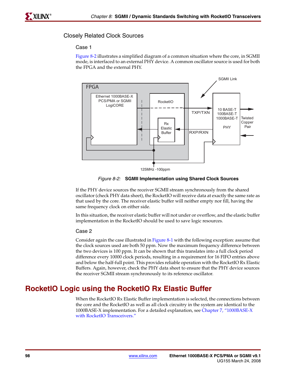 Figure 8-2, Closely related clock sources, Fpga | Xilinx 1000BASE-X User Manual | Page 98 / 230