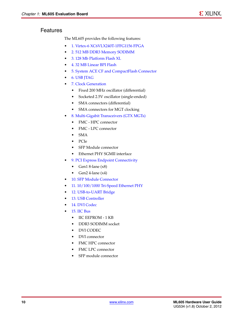 Features | Xilinx ML605 User Manual | Page 10 / 96