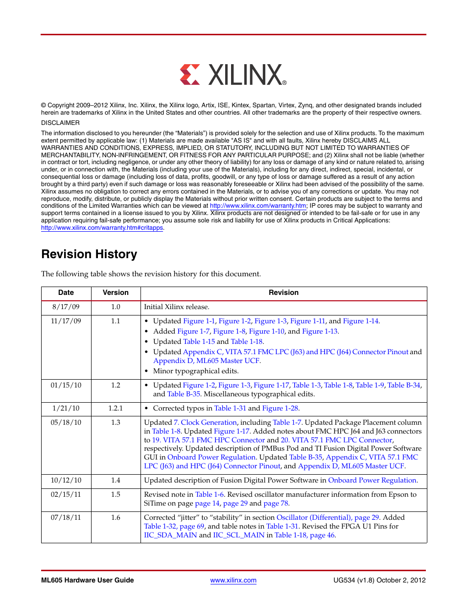 Revision history | Xilinx ML605 User Manual | Page 2 / 96