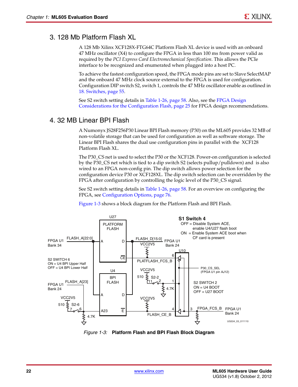 128 mb platform flash xl, 32 mb linear bpi flash, Figure 1-3 | 128 mb platform flash xl 4. 32 mb linear bpi flash | Xilinx ML605 User Manual | Page 22 / 96