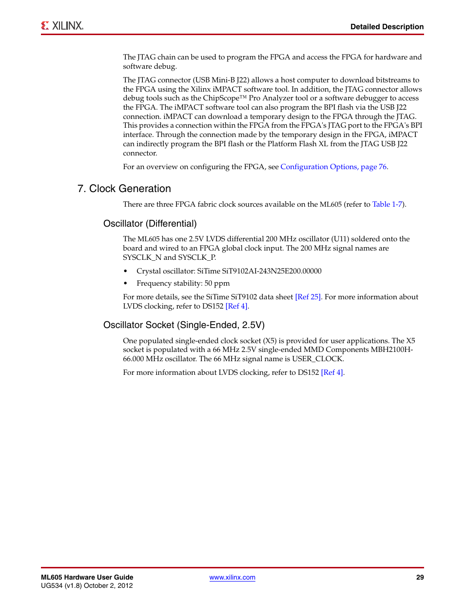 Clock generation, Pdated, Section | Oscillator socket (single, Oscillator (differential), Oscillator socket (single-ended, 2.5v) | Xilinx ML605 User Manual | Page 29 / 96