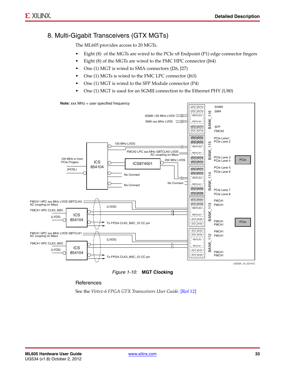 Multi-gigabit transceivers (gtx mgts), Figure 1-10, Revised | References, Detailed description, Figure 1-10: mgt clocking | Xilinx ML605 User Manual | Page 33 / 96