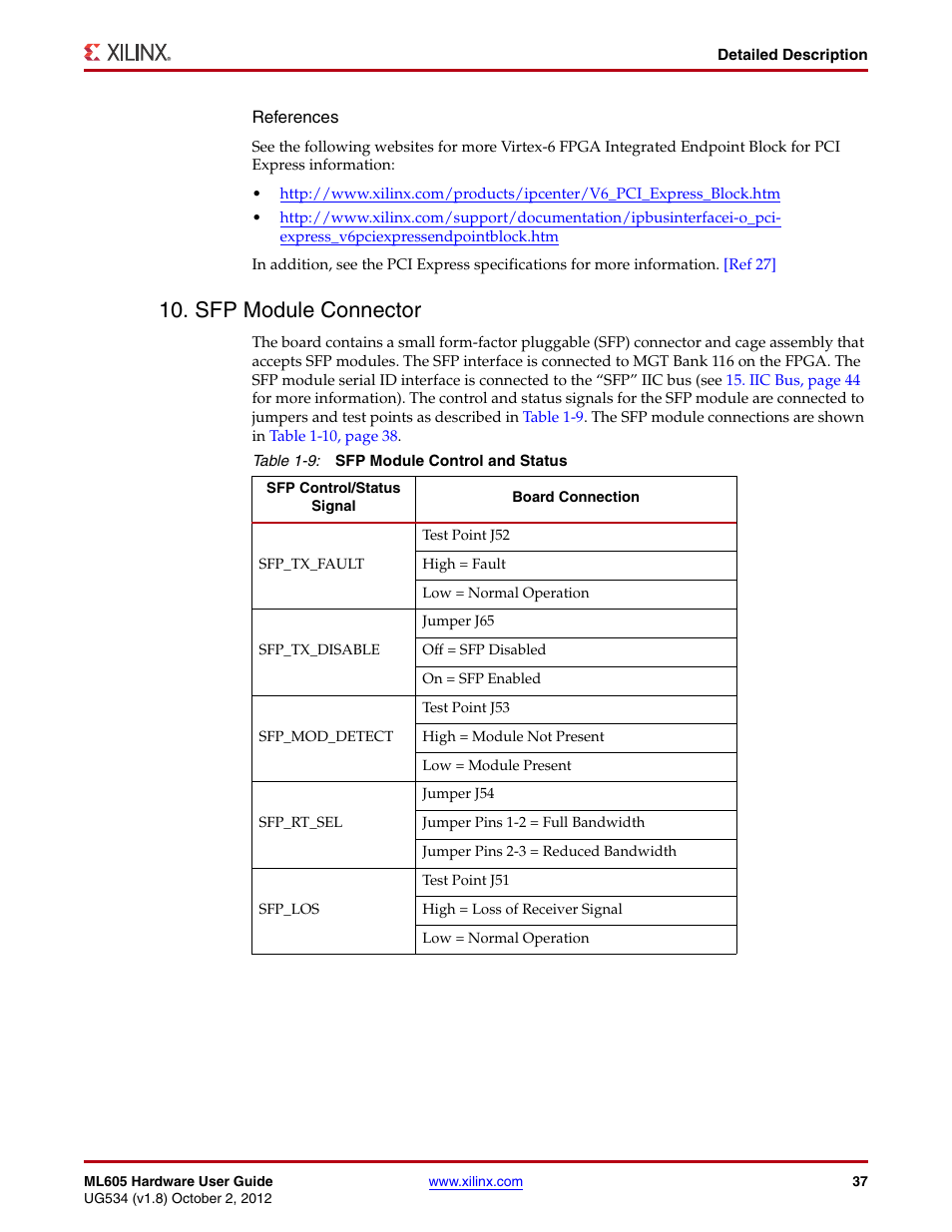 Sfp module connector, Table 1-9 | Xilinx ML605 User Manual | Page 37 / 96