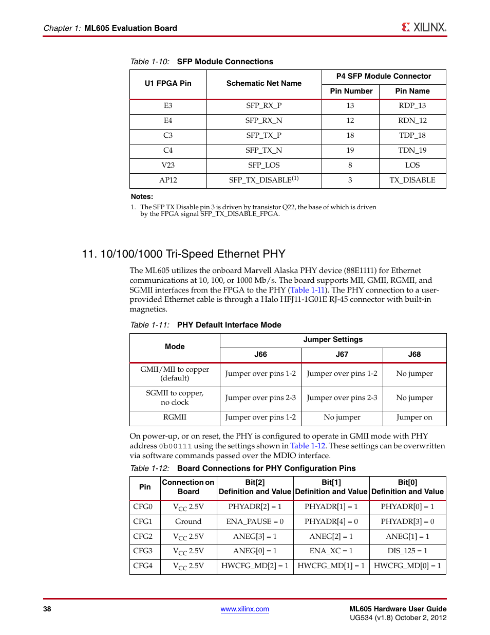 10/100/1000 tri-speed ethernet phy | Xilinx ML605 User Manual | Page 38 / 96