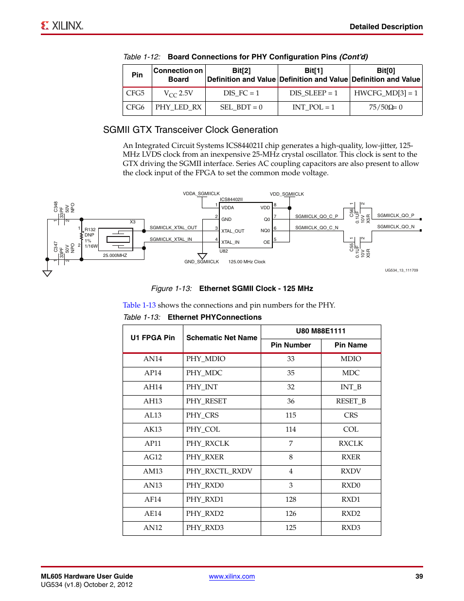 Figure 1-13, Sgmii gtx transceiver clock generation | Xilinx ML605 User Manual | Page 39 / 96