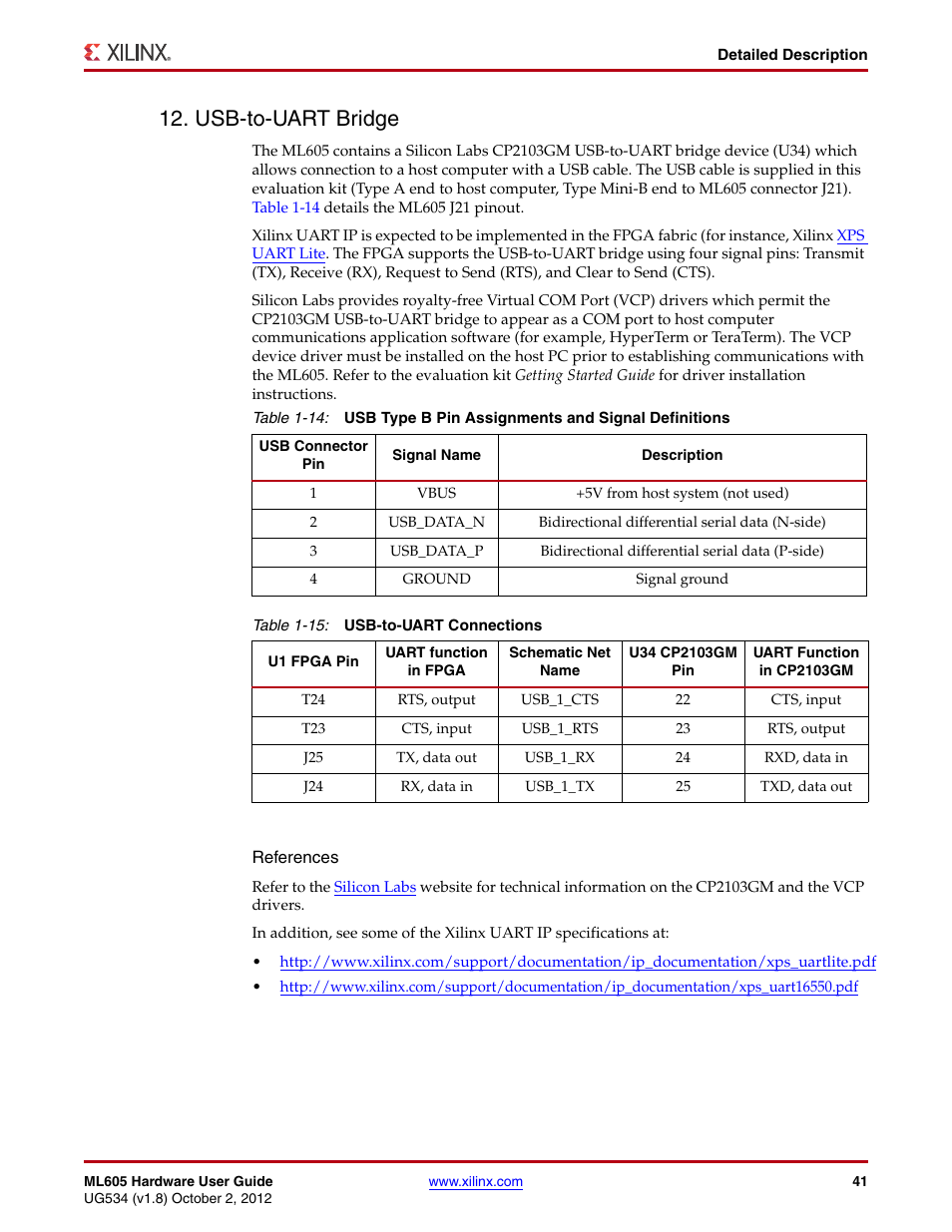 Usb-to-uart bridge, Pdated, Table 1-15 | Xilinx ML605 User Manual | Page 41 / 96