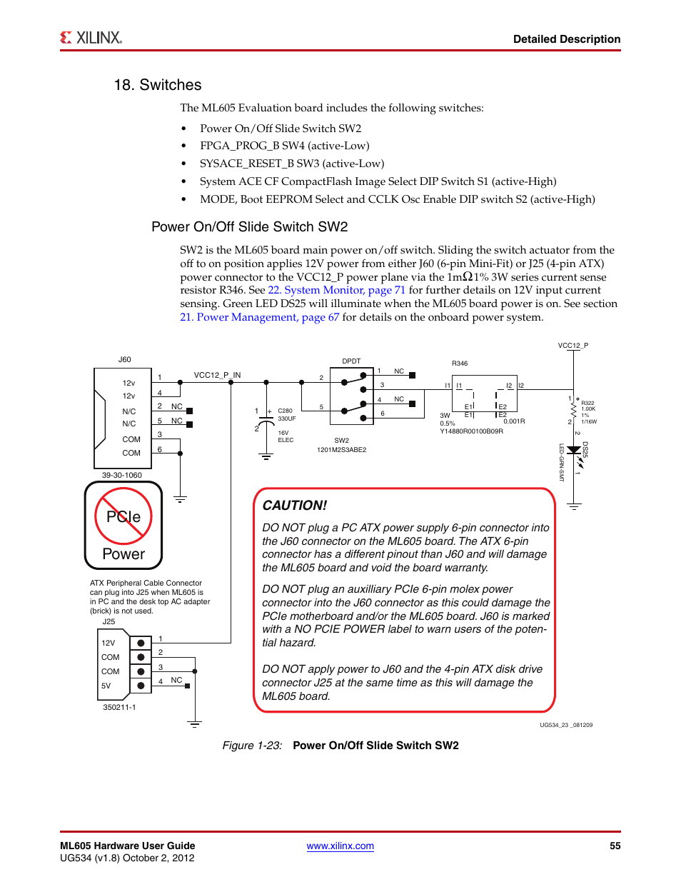 Switches, Power on/off slide switch sw2, Pcie power | Caution, Detailed description, Figure 1-23: power on/off slide switch sw2 | Xilinx ML605 User Manual | Page 55 / 96