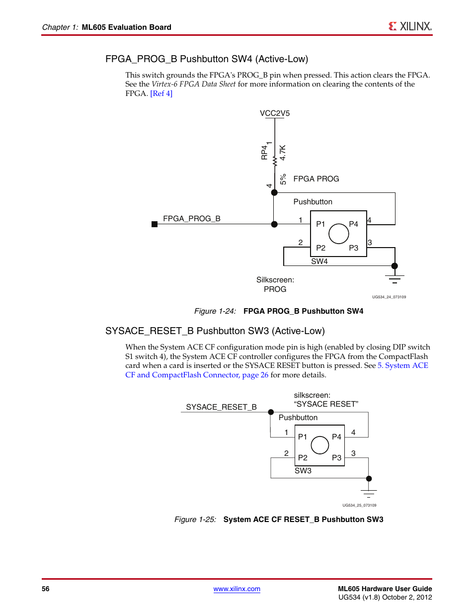 Fpga_prog_b pushbutton sw4 (active-low), Sysace_reset_b pushbutton sw3 (active-low) | Xilinx ML605 User Manual | Page 56 / 96