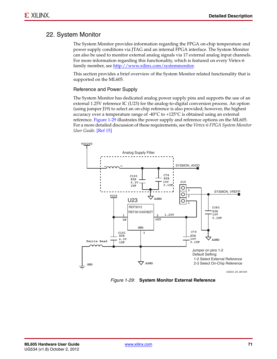 System monitor, Reference and power supply, Detailed description | Figure 1-29: system monitor external reference | Xilinx ML605 User Manual | Page 71 / 96