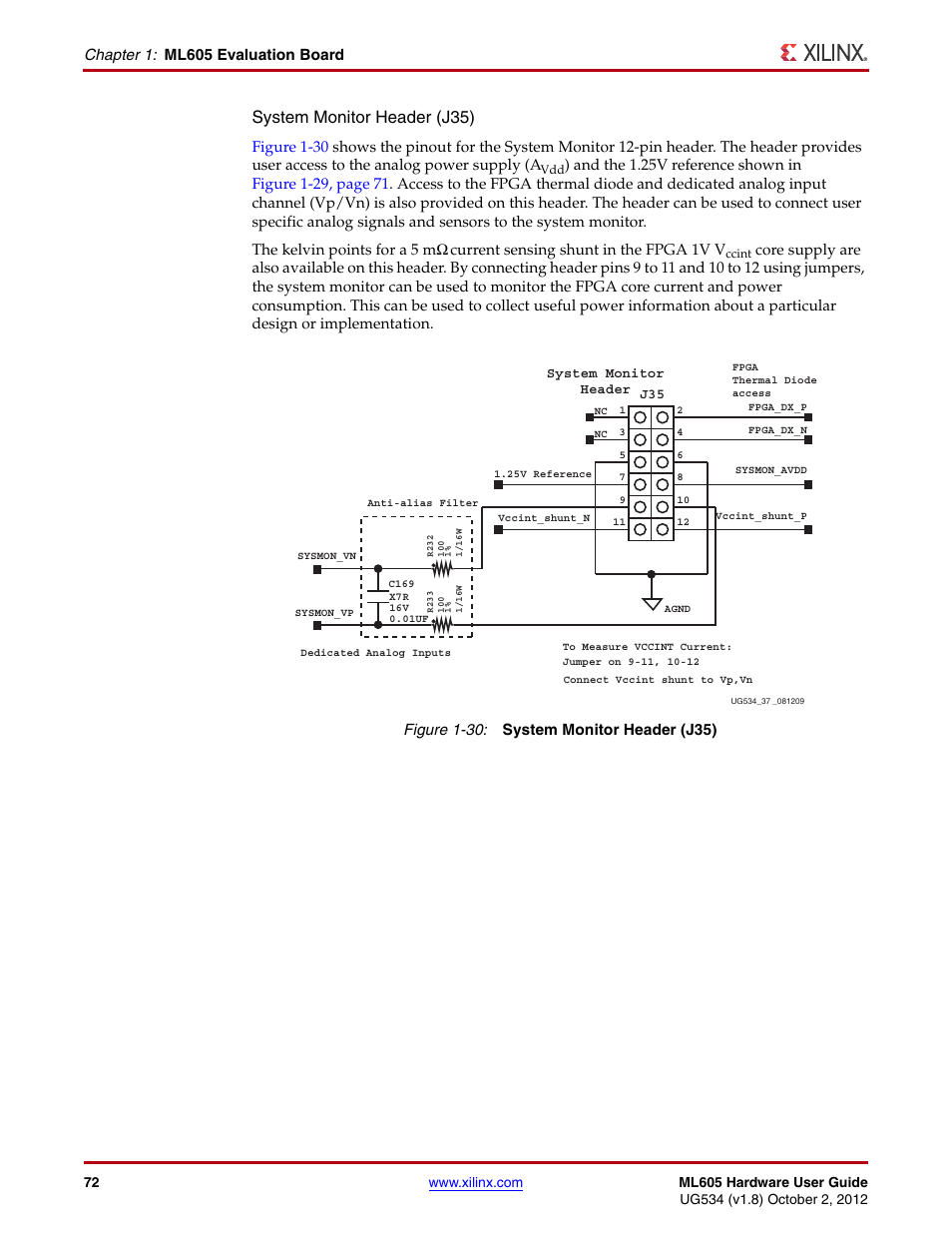 System monitor header (j35), Chapter 1: ml605 evaluation board | Xilinx ML605 User Manual | Page 72 / 96