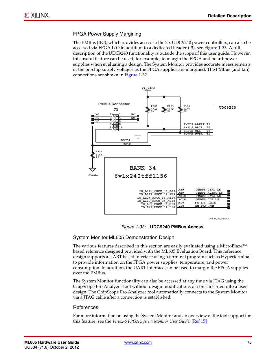Fpga power supply margining, System monitor ml605 demonstration design, References | Detailed description, Ref 15 | Xilinx ML605 User Manual | Page 75 / 96