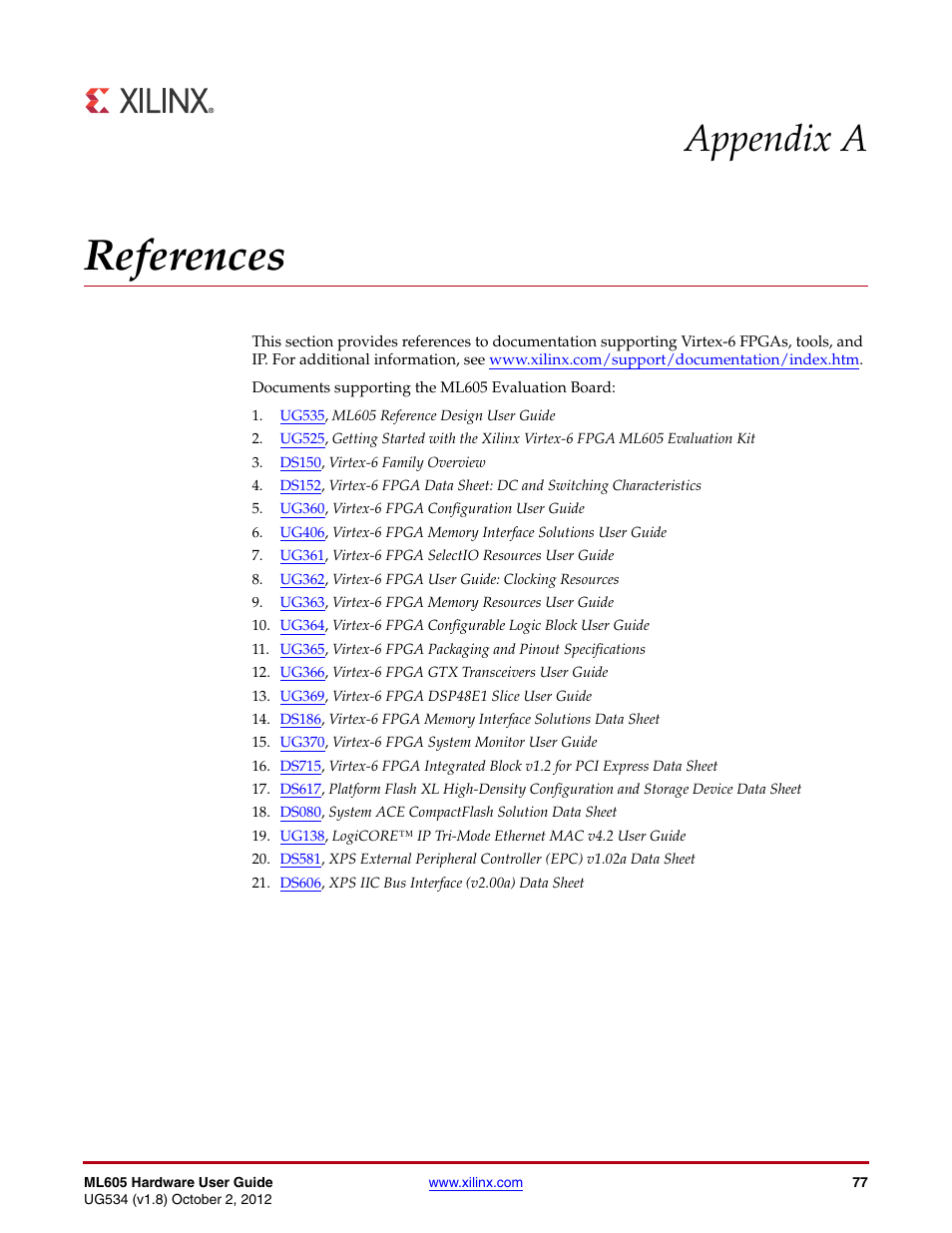 References, Appendix a: references, Appendix a, references | For a di, Ref 5, Ref 6, Ref 9, Ref 17, Ref 10, Ref 4 | Xilinx ML605 User Manual | Page 77 / 96