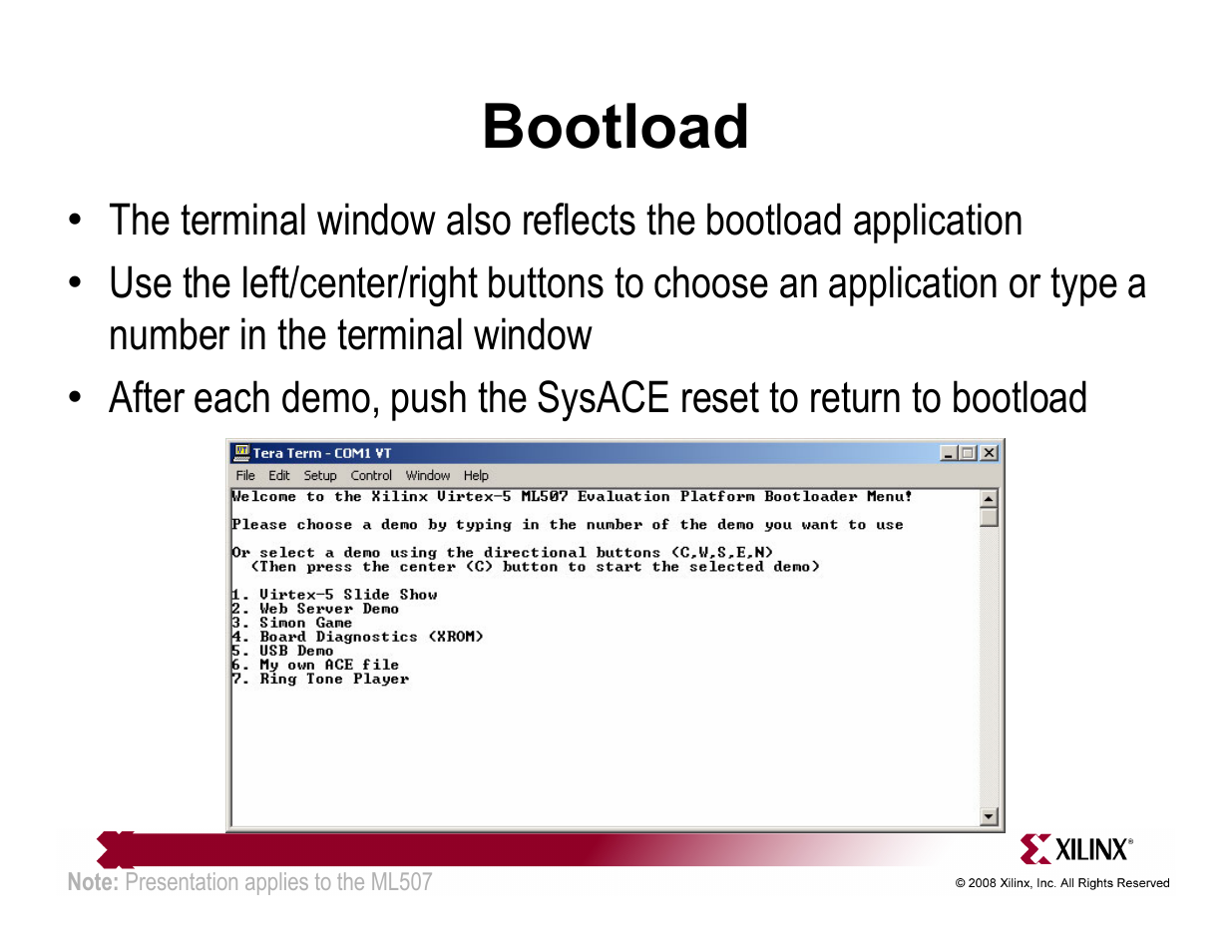 Bootload | Xilinx ML507 User Manual | Page 11 / 33