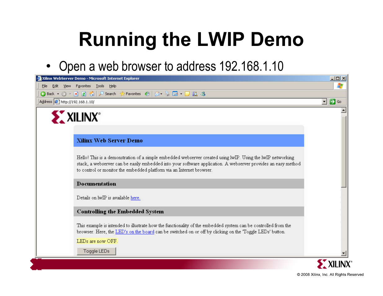 Running the lwip demo | Xilinx ML507 User Manual | Page 15 / 33
