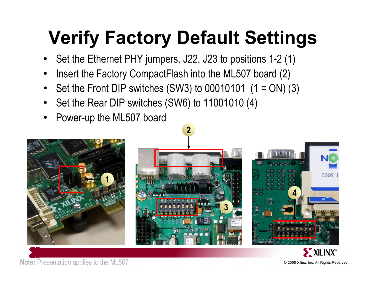 Verify factory default settings | Xilinx ML507 User Manual | Page 9 / 33