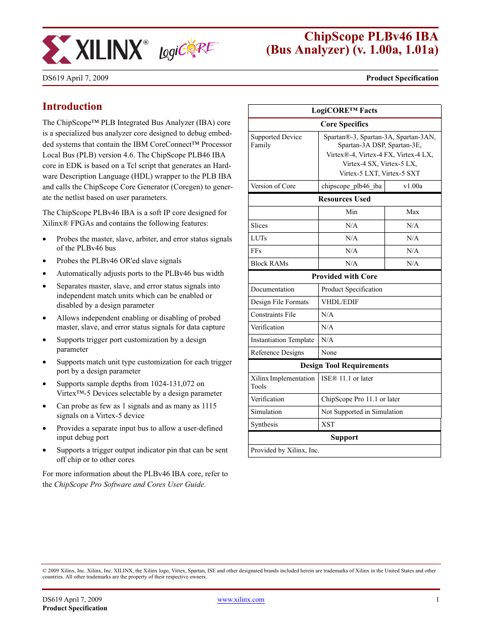 Xilinx ChipScope PLB46 IBA v1.00a User Manual | 13 pages